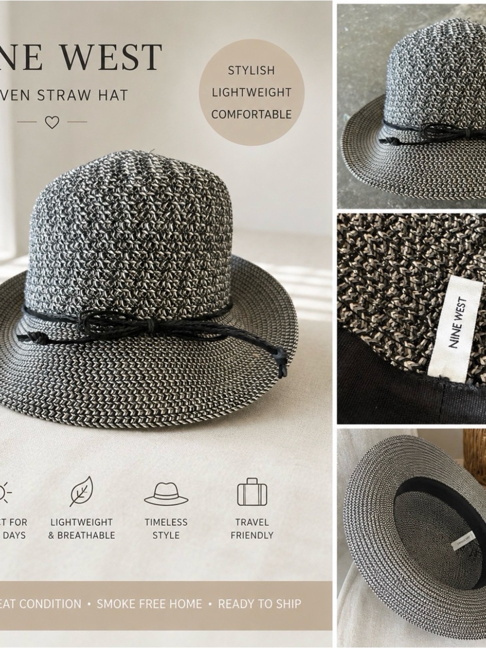 Nine West Black and White Woven Straw Fedora Hat